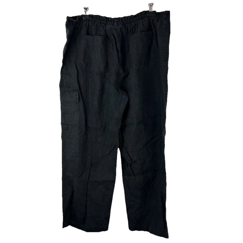 Vintage 90s Black Linen Pants Wide Leg Elastic Waist Cropped Minimalist Chic L - Picture 2 of 8